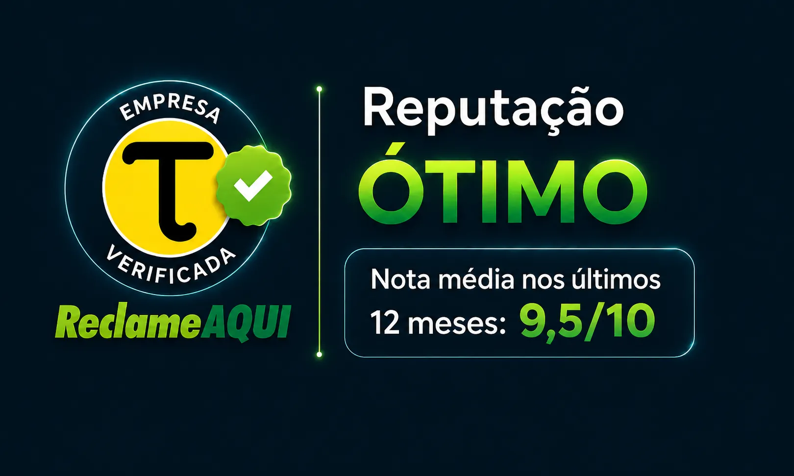 Empresa Verificada · Reclame Aqui · Reputação ÓTIMO · Nota 9,5/10